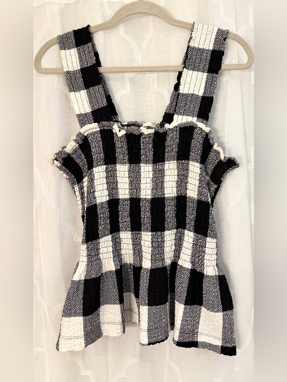 LOFT Gingham Smocked Peplum Top | Black & White Ruffle Strap Blouse Medium
